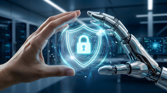 Human Hand and Robotic Cyborg Hand Collaborating Around a Glowing Digital Cyber Security Shield with Padlock Icon in a Modern Data Center, Representing AI Protection and Data Privacy Concept