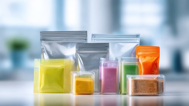 Various flexible packaging pouches and bags in different colors and sizes arranged together, concept of product packaging design and manufacturing solutions