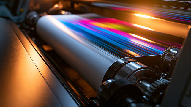 Industrial offset printing machine rolls vibrant ink onto paper in a dynamic production process. High-speed manufacturing concept for modern printing industry and graphic design.