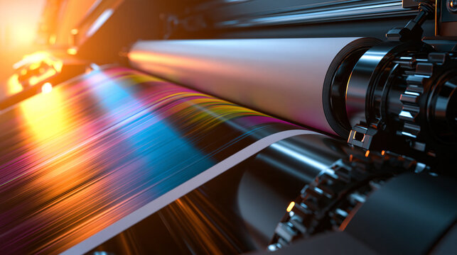 Industrial offset printing press processing colorful paper rolls under warm cinematic lighting. Use for manufacturing technology and professional commercial print production.