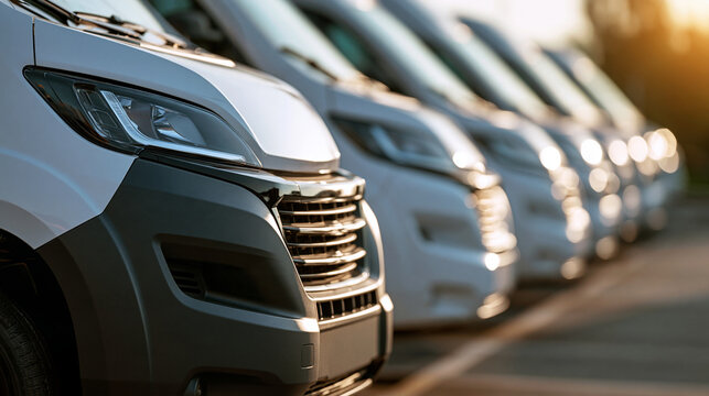 A line of white delivery vans parked in a row during sunset. Useful for logistics, transportation, and fleet management business concepts.