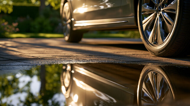 A luxury car parked on a paved driveway with its reflection glistening in a puddle at sunset. Great visual for automotive advertising and travel concepts.