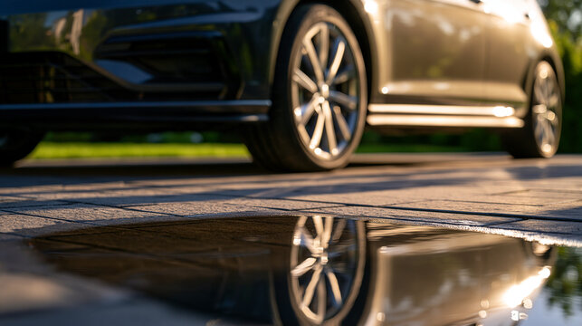 Modern car parked on a paved driveway with a clear water puddle reflecting the vehicle in warm golden hour sunlight. Ideal for automotive design and lifestyle advertisements.