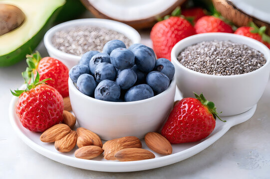 Assortment of healthy superfoods: fresh blueberries, strawberries, chia seeds, almonds, avocado and coconut on a white plate. Nutritious breakfast or snack concept.
