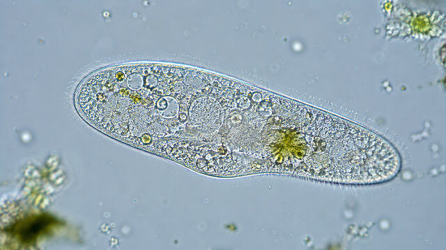 Microscopic paramecium floating in water with visible cilia and cellular structures