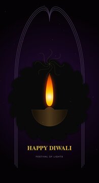 Happy Diwali Greeting Banner with Oil Lamp Diya Flame on Dark Purple Background for Festival of Lights Celebration