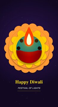Happy Diwali Festival of Lights Greeting Card Design with Traditional Illuminated Diya Lamp and Paper Cut Pattern