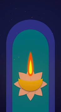 Diwali oil lamp with burning flame in paper art style for Indian festival
