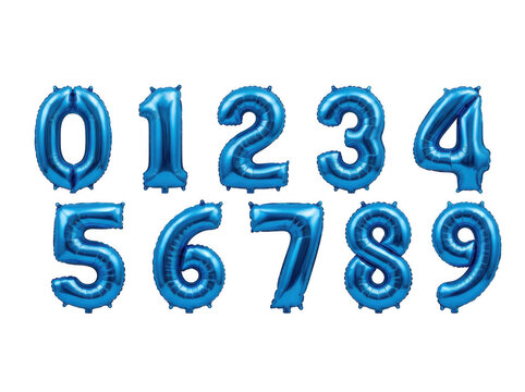 Blue balloons in the shape of numbers on transparent background