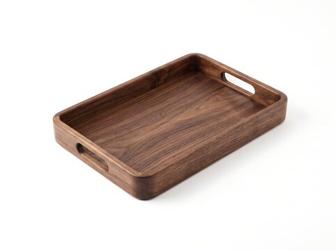 Empty Rectangular Walnut Serving Tray with Rounded Corners, Raised Edges, and Integrated Handles on White Background