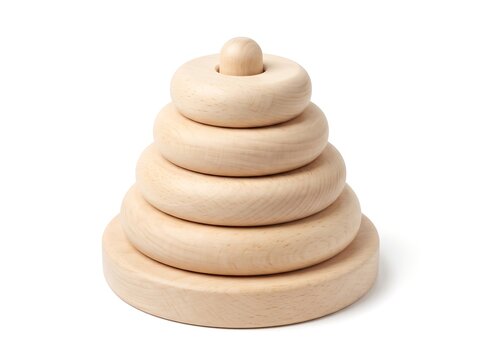 Unpainted Beechwood Stacking Ring Toy with Five Graduated Rings on White Background
