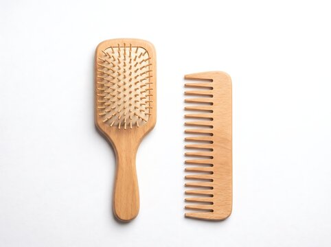 Natural Beechwood Paddle Hairbrush and Wide-Tooth Wooden Comb on White Background