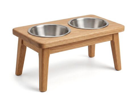 Elevated Oak Pet Feeding Stand with Two Empty Stainless Steel Bowls on White Background