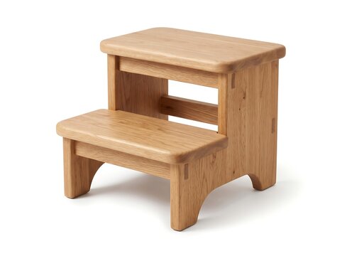 Compact Two-Step Oak Wooden Stool with Rounded Edges Isolated on White Background