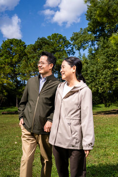 Happy mature Asian couple holding hands, walking and enjoying leisure time together in green park on sunny day, happy marriage, senior love
