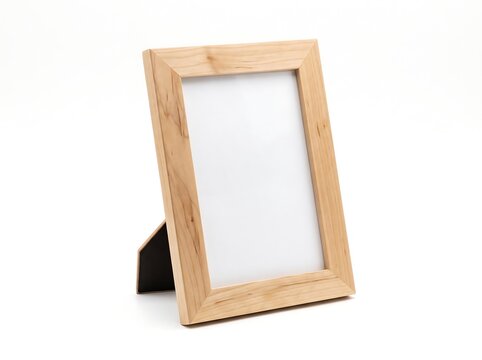 Freestanding Rectangular Maple Wooden Picture Frame with Blank White Insert Isolated on White Background