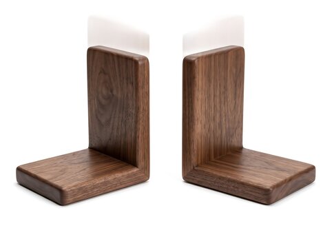 Pair of Solid Walnut L-Shaped Wooden Bookends with Rounded Edges Isolated on White Background