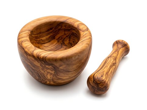 Deep Olivewood Mortar and Pestle Set with Natural Wood Grain Isolated on White Background