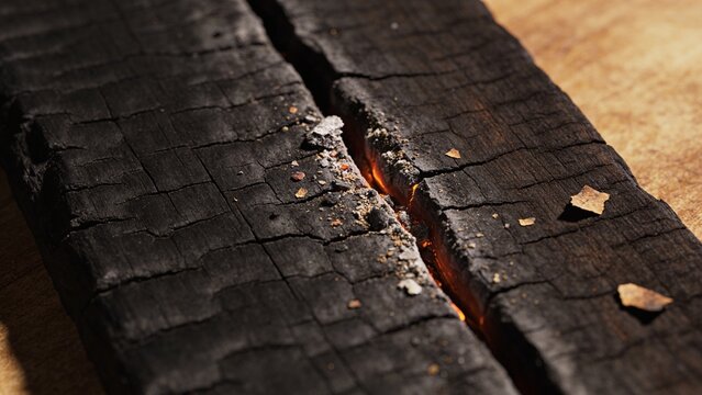 Charred wooden log revealing glowing embers and gray ash in deep crack, AI-generated