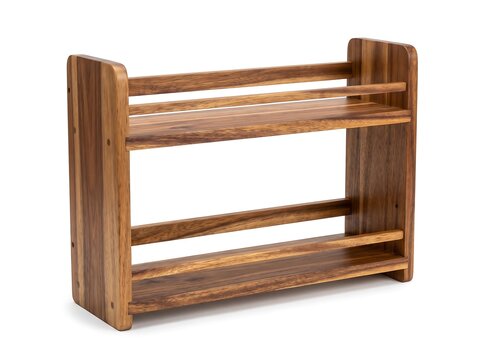 Empty Two-Tier Acacia Wood Countertop Spice Rack with Raised Rails Isolated on White Background