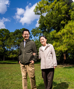 Happy mature Asian couple holding hands, walking and enjoying leisure time together in green park on sunny day, happy marriage, senior love
