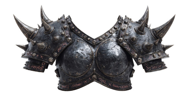 demonic armored chest piece with spiked pauldrons, blackened metal