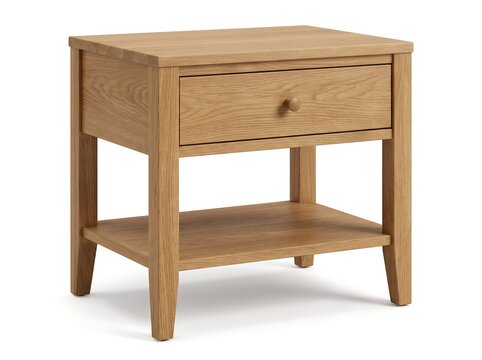 Compact Oak Wooden Bedside Table with Drawer and Open Lower Shelf Isolated on White Background