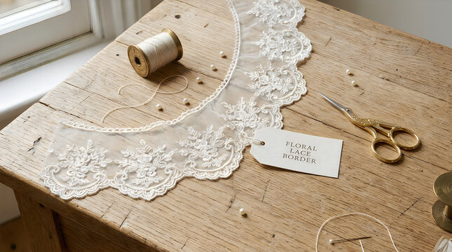 Vintage lace collar with sewing supplies on a rustic wooden table for handmade craft projects