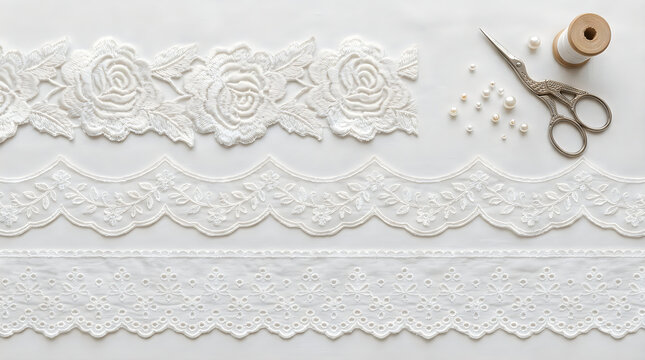 White lace trim fabric strips with metal sewing scissors and a spool of thread for craft projects