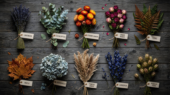 Small bouquets of dried flowers and plants with name tags on a rustic dark wooden table surface