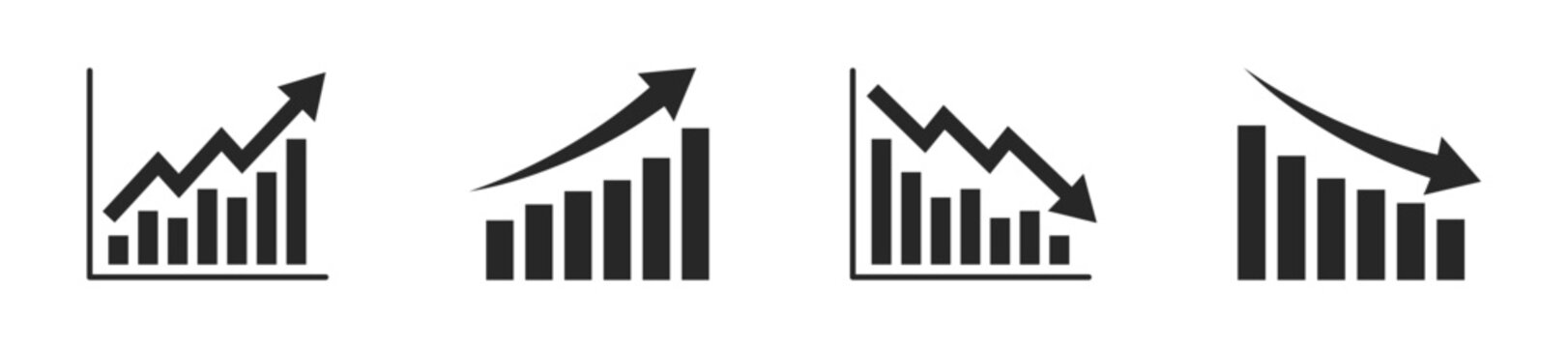 Business bar chart icons showing growth and decline trends filled vector icons, silhouette icons isolated on a transparent background