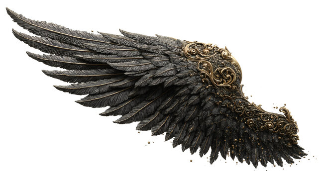 intricate angel wing tattoo design in black ink with gold accents