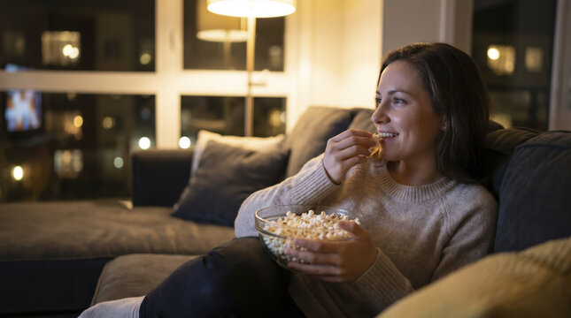 Relaxed woman eats fresh popcorn from glass bowl on comfortable couch, smiling during quiet movie night at home. Soft interior lamplight highlights her cheerful state beside dark window.