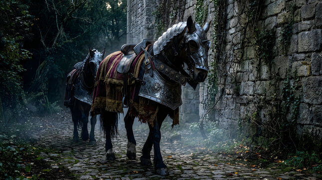 Two dark mules carrying heavy packs walking slowly along a narrow ancient stone village alleyway