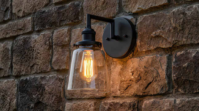 Vintage industrial wall lamp with glowing edison light bulb mounted on a rustic dark brick wall
