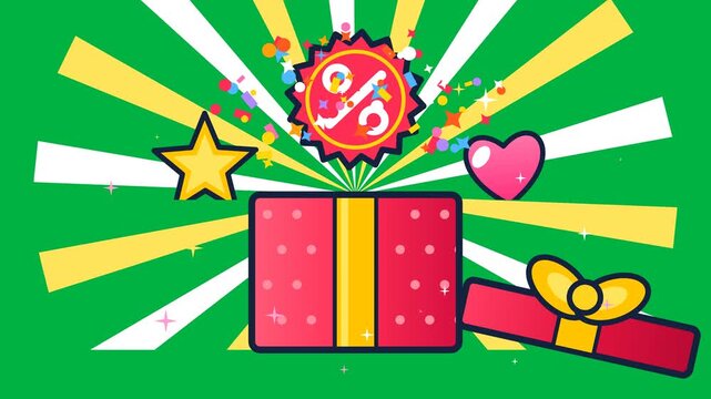 Animated gift box opening with lid popping off, percent discount badge, star and heart bursting out with confetti and sunburst rays on green screen background, 4K sale celebration