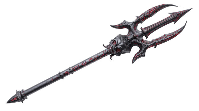 massive demonic trident with black iron prongs, glowing red runes