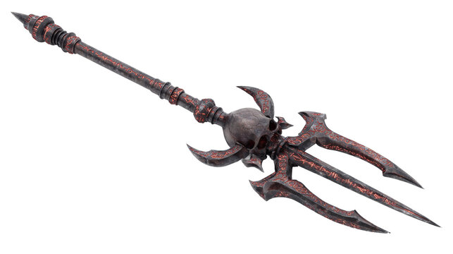 massive demonic trident with black iron prongs, glowing red runes