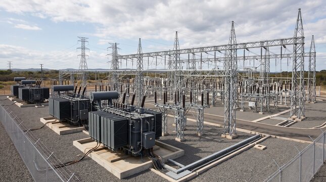 Electrical power substation with large transformers and steel towers.