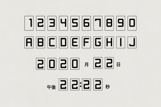 Digital clock font with numbers and Japanese characters on a light background. Ideal for modern UI design and digital time displays.