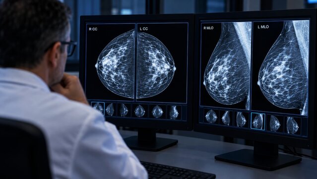 Radiologist reviews mammogram images on dual monitors for breast cancer screening