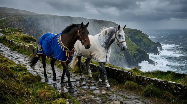 A black horse and a white horse walking together on a stone path near the rocky ocean coast