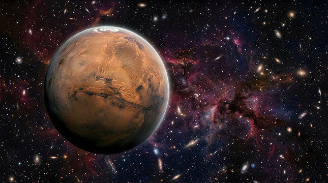 A detailed brown planet floating in deep dark space surrounded by many distant glowing stars