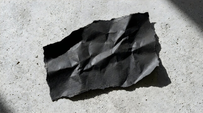 A single piece of dark black crumpled paper with rough torn edges laying on a textured surface