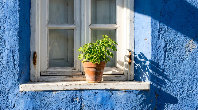 A green potted plant sitting on a wooden window sill against a textured bright blue wall