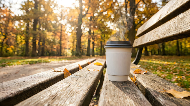 A paper coffee cup sitting on a wooden park bench in a beautiful autumn forest with fallen leaves
