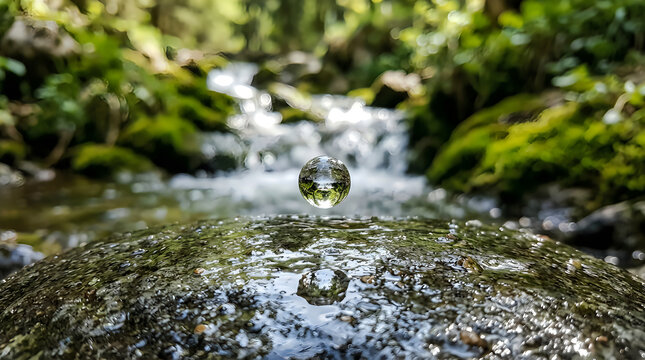 A single crystal clear water drop falling onto a wet mossy stone in a lush green forest