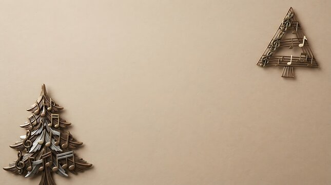 Two vintage metal christmas trees on a neutral colored wall with space