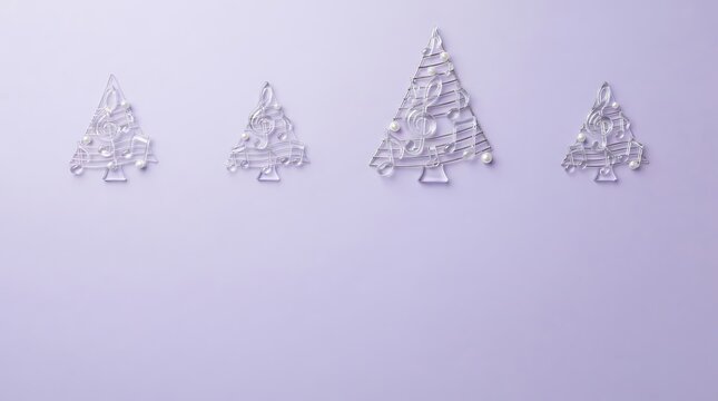 Four abstract silver christmas trees on a soft lavender background