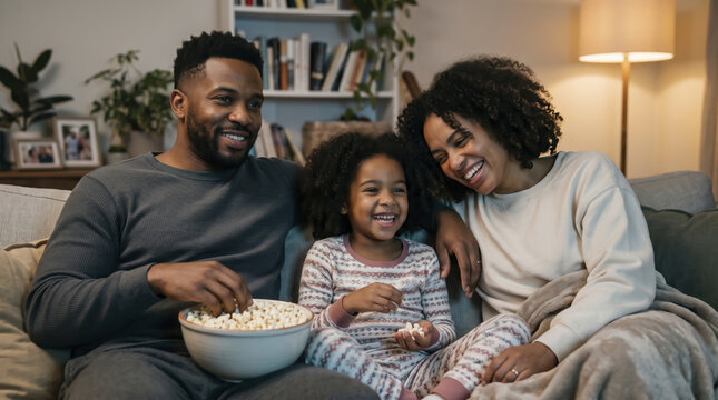 Joyful family eating fresh popcorn bonds together on comfortable living room sofa at night. Loving parents and daughter giggle happily while watching television program with warm lamp light.